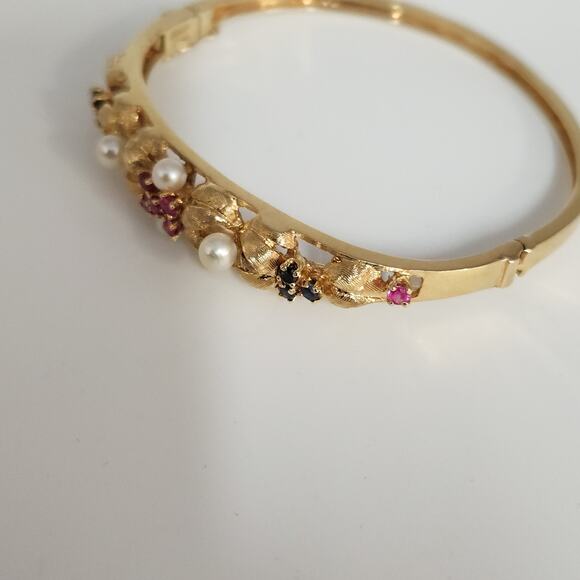Antique 14k Yellow Gold Pearls,Ruby & Sapphire Bangle Bracelets - Picture 10 of 12